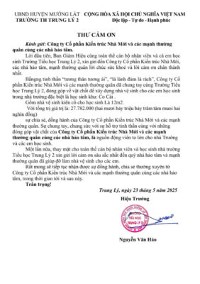 Thư cảm ơn của Ban giám hiệu trường Trung Lý 2