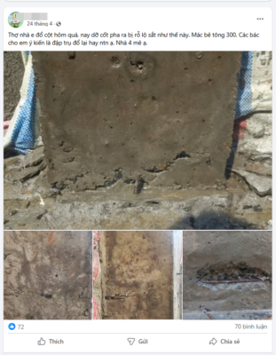 Gia chủ phàn nàn về lỗi dầm cột bị hở thép, rỗ bề mặt sau khi tháo ván khuôn. Ảnh sưu tầm