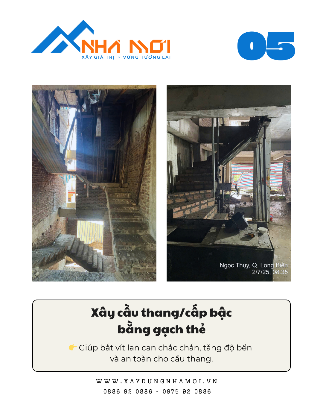 Xây cầu thang bằng gạch thẻ để bắt vít lan can chắc chắn